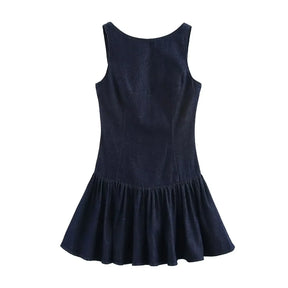 Traf denim vestido para mulheres moda outono inverno em camadas decorativas sem costas mini vestidos francês chique feminino roupas de noite