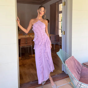 Verão temperamento plissado halter pescoço longo vestido de férias alta qualidade roxo sem alças 2025 novo clube roupas vestidos
