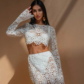 Branco elegante bordado oco para fora vestidos de praia conjunto sexy ver embora colheita topos saias longas conjuntos femininos roupas de verão