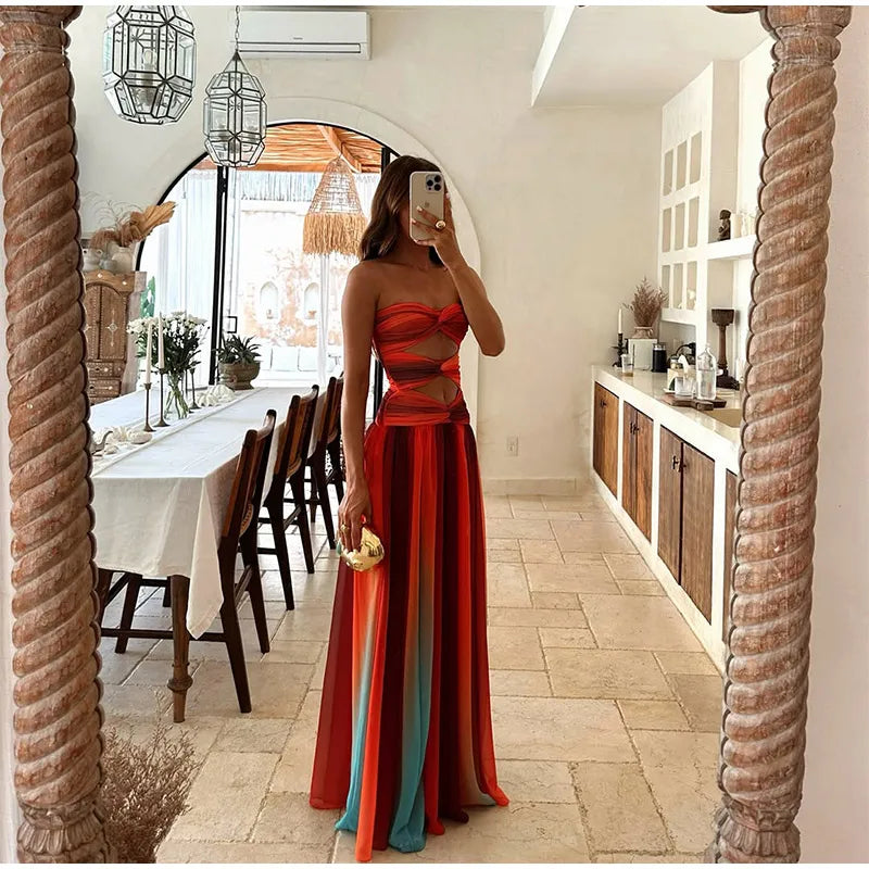 Impresso cor colisão feminino maxi vestido peito envolto cortar sem alças sem costas cintura alta plissado robe 2025 verão senhora robes