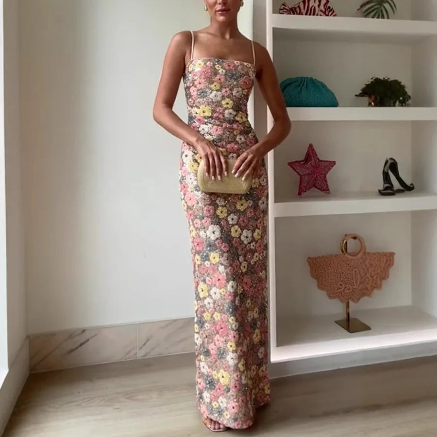Summ feminino flores lantejoulas retalhos magro festa vestido longo sem alças moda maxi vestido, sexy sem mangas senhoras vestido vestidos