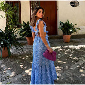 Maxi vestido oco bordado feminino, Longo, Sem mangas, Sem encosto, Ruffle, Praia, Feriado, Lady Party Robe, Sexy, Verão, 2022