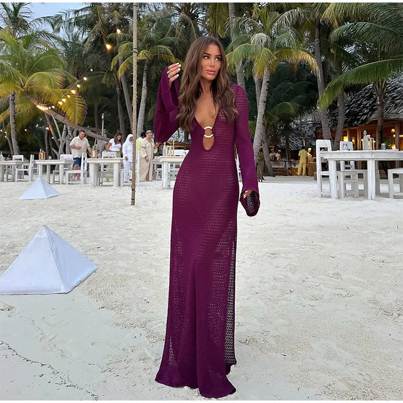 Sexy anel de metal emenda feminino com decote em v divisão crochê vestido chique manga alargada magro oco para fora roupões senhora praia férias vestido