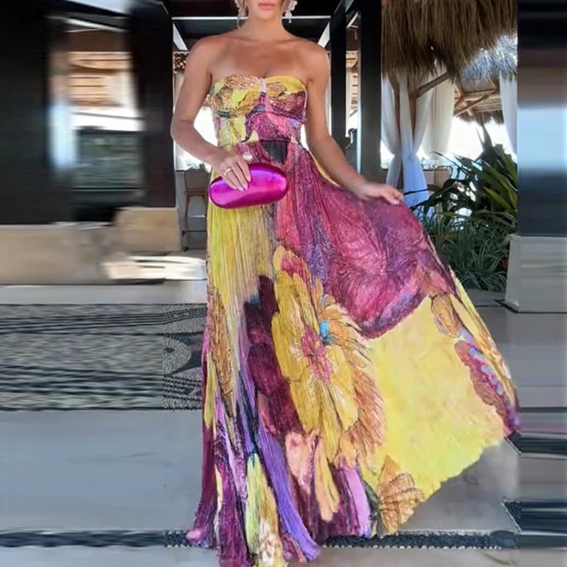 Verão oco padrão impresso vestidos longos casual sem mangas balanço praia vestido sexy fora do ombro cintura alta plissado vestido de festa