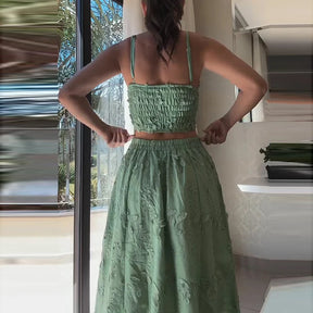Sexy fora do ombro superior e saias longas ternos de verão elegante plissado fino ajuste praia outfit novo verde jacquard festa conjuntos femininos