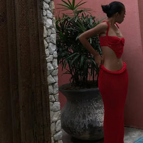 Férias de malha 2 peça terno feminino sexy halter sem mangas sem costas colheita tanque longo quadril pacote saia 2025 férias senhora conjuntos