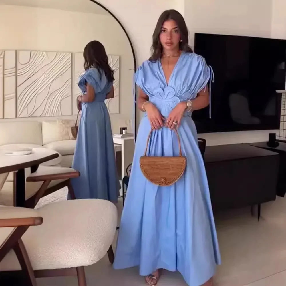 Azul com decote em v cintura cinching cinto 3d flor borboleta nó férias vestido longo feminino moda transfronteiriça manga curta sino sle