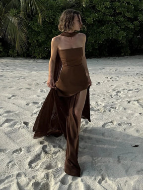 Taruxy vestido longo sem alças com fenda e fita feminino sem mangas malha elegante vestido de férias de praia 2025 primavera novo vestido feminino