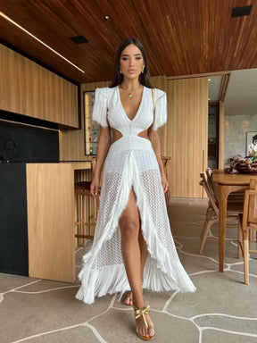 Vestido longo com borlas para mulheres, decote em V profundo, sexy e elegante, festa feminina, férias, vestido chique, roupas femininas, novo, 2024