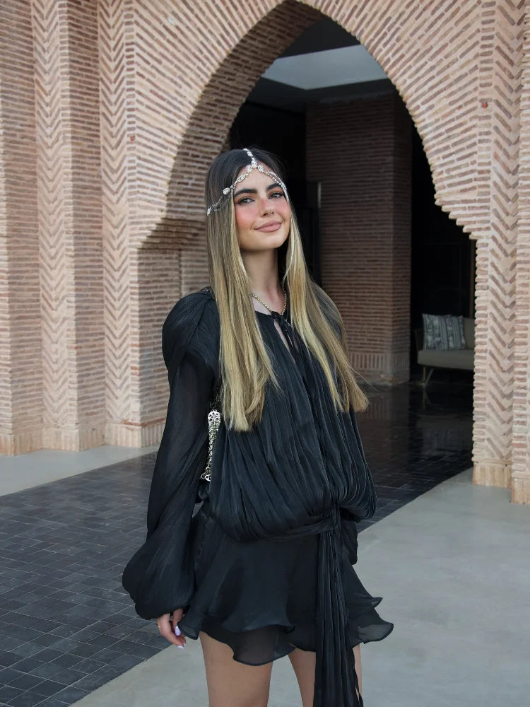 Elegante camada babados sólido cintura alta mini saias define moda feminina rendas até o pescoço blusa plissada ternos 2025 senhora chique outfits