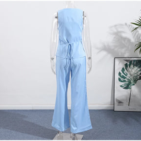 Conjunto de duas peças de linho feminino sem mangas pescoço quadrado colete combinando calças largas verde limão casual escritório verão outfit ternos