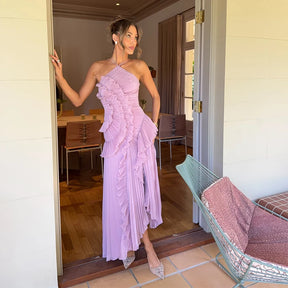 Verão temperamento plissado halter pescoço longo vestido de férias alta qualidade roxo sem alças 2025 novo clube roupas vestidos