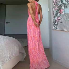 Sexy baixo corte com decote em v tie-up vestido de noite feminino moda padrão impressão plissado vestido longo elegante sem mangas sem costas vestido de festa