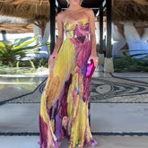 Verão oco padrão impresso vestidos longos casual sem mangas balanço praia vestido sexy fora do ombro cintura alta plissado vestido de festa