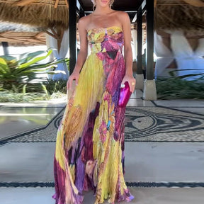 Verão oco padrão impresso vestidos longos casual sem mangas balanço praia vestido sexy fora do ombro cintura alta plissado vestido de festa