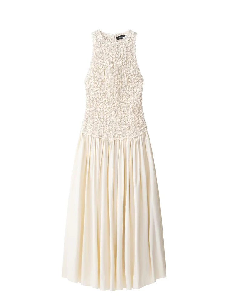 TRAF Vestido de retalhos plissado elástico para mulher Vestido de praia comprido sem mangas O Neck Vest Vestidos de festa para mulher