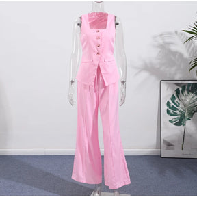 Conjunto de duas peças de linho feminino sem mangas pescoço quadrado colete combinando calças largas verde limão casual escritório verão outfit ternos