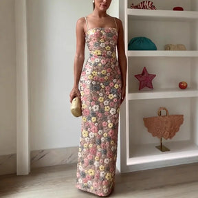Summ feminino flores lantejoulas retalhos magro festa vestido longo sem alças moda maxi vestido, sexy sem mangas senhoras vestido vestidos
