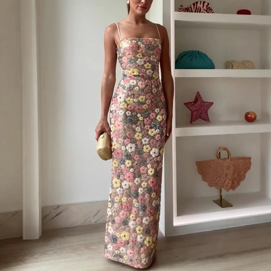 Summ feminino flores lantejoulas retalhos magro festa vestido longo sem alças moda maxi vestido, sexy sem mangas senhoras vestido vestidos