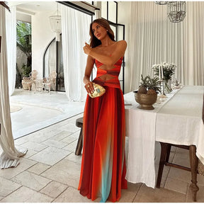 Impresso cor colisão feminino maxi vestido peito envolto cortar sem alças sem costas cintura alta plissado robe 2025 verão senhora robes