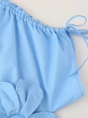 Azul com decote em v cintura cinching cinto 3d flor borboleta nó férias vestido longo feminino moda transfronteiriça manga curta sino sle