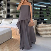 Elegante cor sólida streetwear casual conjunto de viagem verão moda sem alças fora do ombro irregular topo combinar solto saia longa conjunto
