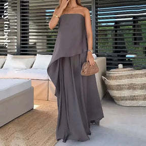 Elegante cor sólida streetwear casual conjunto de viagem verão moda sem alças fora do ombro irregular topo combinar solto saia longa conjunto
