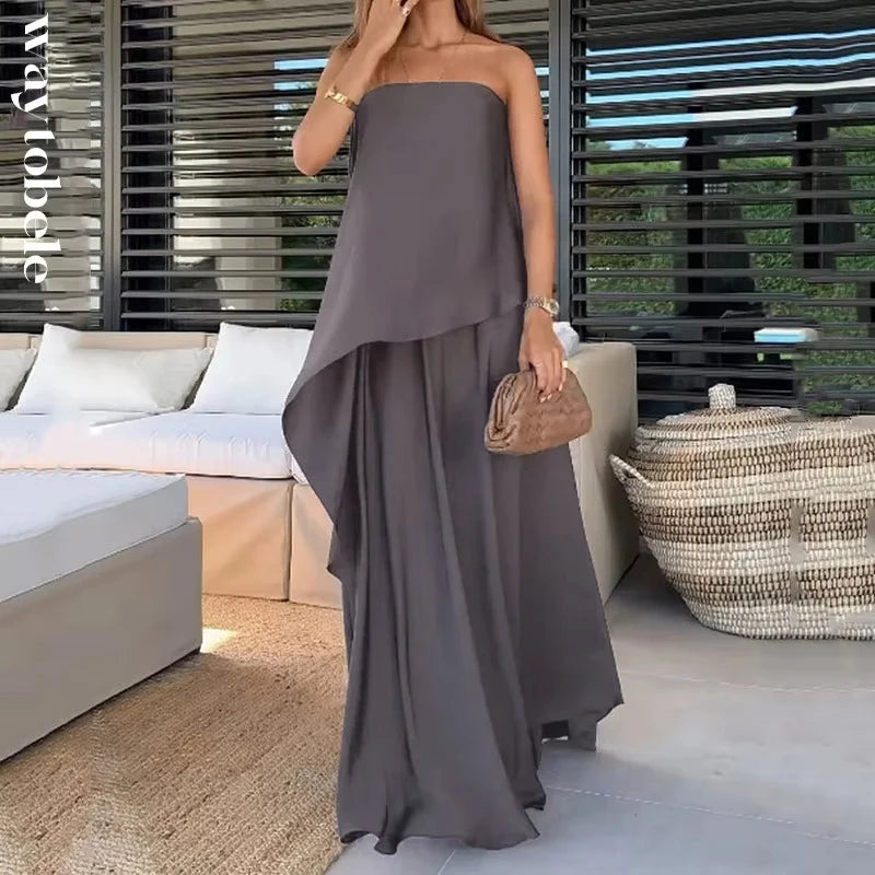Elegante cor sólida streetwear casual conjunto de viagem verão moda sem alças fora do ombro irregular topo combinar solto saia longa conjunto
