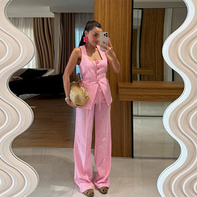 Conjunto de duas peças de linho feminino sem mangas pescoço quadrado colete combinando calças largas verde limão casual escritório verão outfit ternos