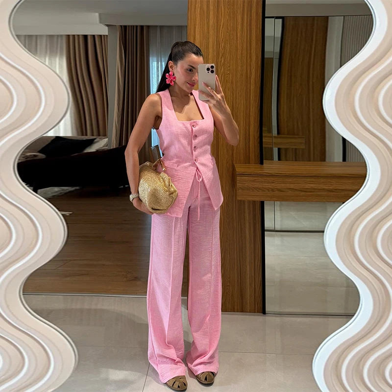 Conjunto de duas peças de linho feminino sem mangas pescoço quadrado colete combinando calças largas verde limão casual escritório verão outfit ternos