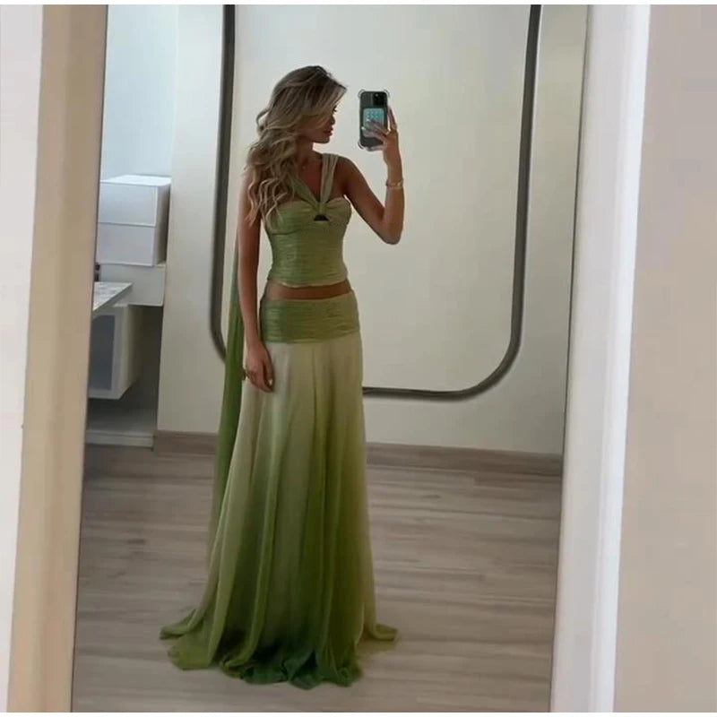 Gradiente saias longas outfits feminino halter sem mangas rendas até sem costas conjuntos de dobra feminino 2025 verão chique festival praia ternos