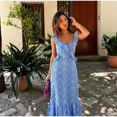 Maxi vestido oco bordado feminino, Longo, Sem mangas, Sem encosto, Ruffle, Praia, Feriado, Lady Party Robe, Sexy, Verão, 2022