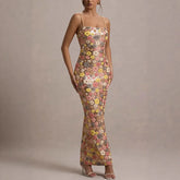 Summ feminino flores lantejoulas retalhos magro festa vestido longo sem alças moda maxi vestido, sexy sem mangas senhoras vestido vestidos