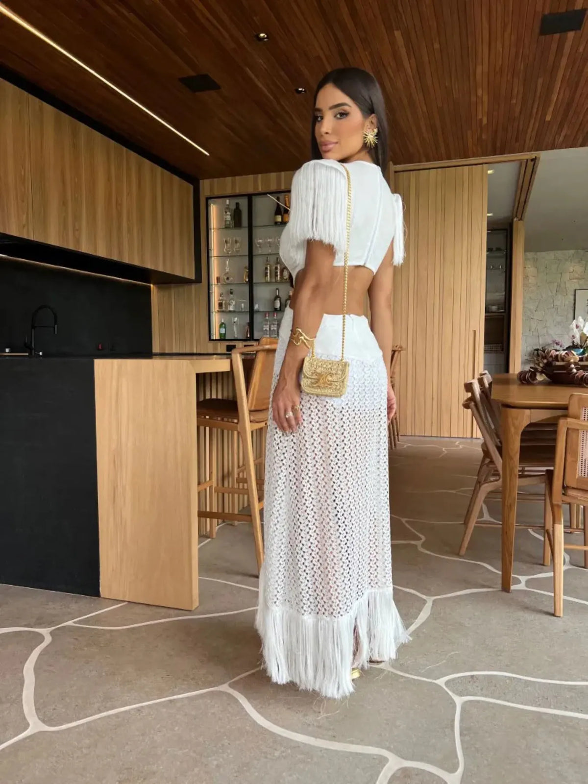 Vestido longo com borlas para mulheres, decote em V profundo, sexy e elegante, festa feminina, férias, vestido chique, roupas femininas, novo, 2024