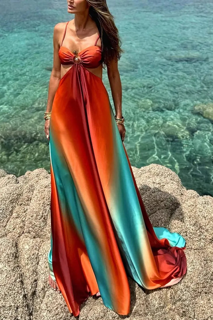 Sexy gradiente oco para fora maxi vestido feminino sem costas sem mangas estilingue vestidos longos 2025 férias de verão boho praia roupões de cetim