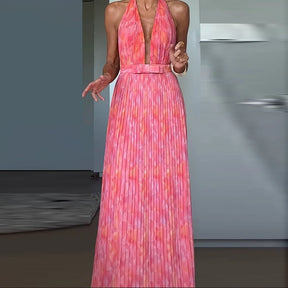 Sexy baixo corte com decote em v tie-up vestido de noite feminino moda padrão impressão plissado vestido longo elegante sem mangas sem costas vestido de festa