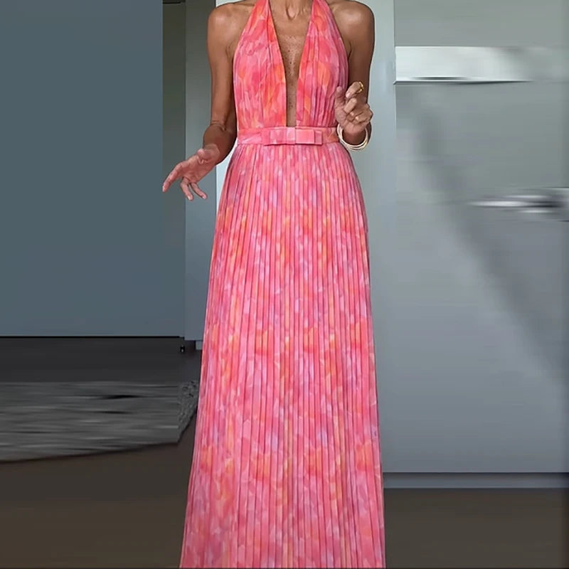 Sexy baixo corte com decote em v tie-up vestido de noite feminino moda padrão impressão plissado vestido longo elegante sem mangas sem costas vestido de festa