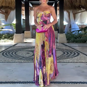 Verão oco padrão impresso vestidos longos casual sem mangas balanço praia vestido sexy fora do ombro cintura alta plissado vestido de festa