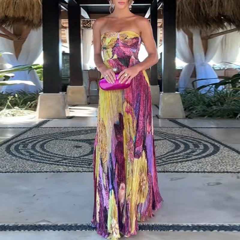 Verão oco padrão impresso vestidos longos casual sem mangas balanço praia vestido sexy fora do ombro cintura alta plissado vestido de festa