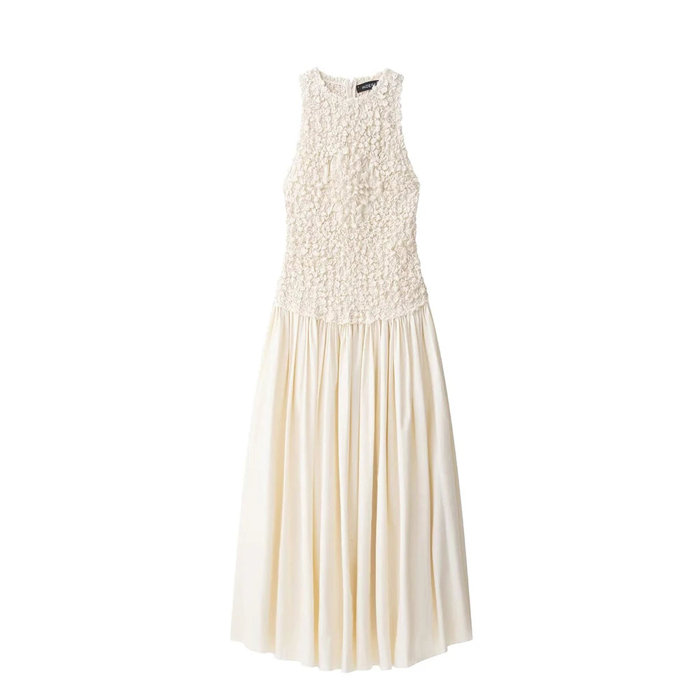 TRAF Vestido de retalhos plissado elástico para mulher Vestido de praia comprido sem mangas O Neck Vest Vestidos de festa para mulher