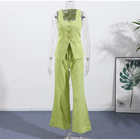 Conjunto de duas peças de linho feminino sem mangas pescoço quadrado colete combinando calças largas verde limão casual escritório verão outfit ternos