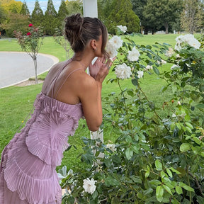 Verão temperamento plissado halter pescoço longo vestido de férias alta qualidade roxo sem alças 2025 novo clube roupas vestidos