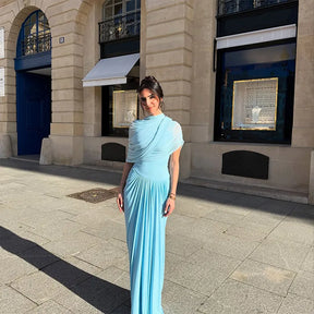 Chic sólido plissado hem retalhos vestidos longos feminino elegante o pescoço mangas completas roupões moda feminina férias high street wear