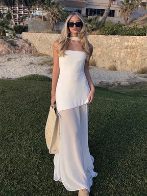Taruxy vestido longo sem alças com fenda e fita feminino sem mangas malha elegante vestido de férias de praia 2025 primavera novo vestido feminino