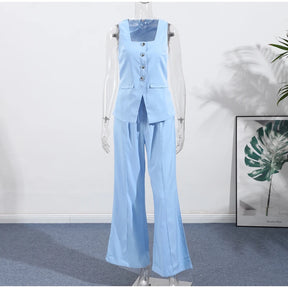 Conjunto de duas peças de linho feminino sem mangas pescoço quadrado colete combinando calças largas verde limão casual escritório verão outfit ternos