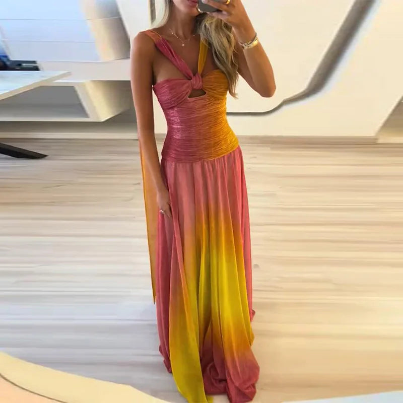 Elegante gradiente fita vestido longo feminino oco plissado sem mangas sem costas vestidos de praia 2025 verão senhora roupões de noite