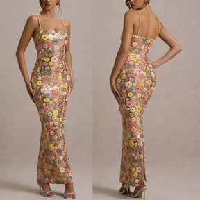 Summ feminino flores lantejoulas retalhos magro festa vestido longo sem alças moda maxi vestido, sexy sem mangas senhoras vestido vestidos
