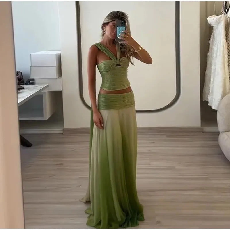 Gradiente saias longas outfits feminino halter sem mangas rendas até sem costas conjuntos de dobra feminino 2025 verão chique festival praia ternos