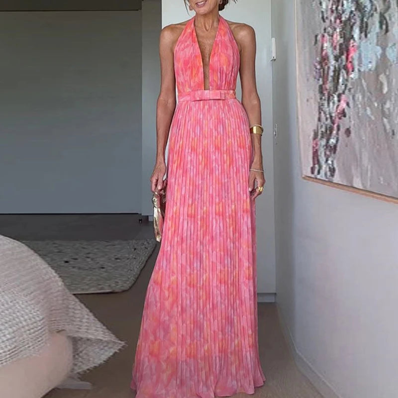Sexy baixo corte com decote em v tie-up vestido de noite feminino moda padrão impressão plissado vestido longo elegante sem mangas sem costas vestido de festa