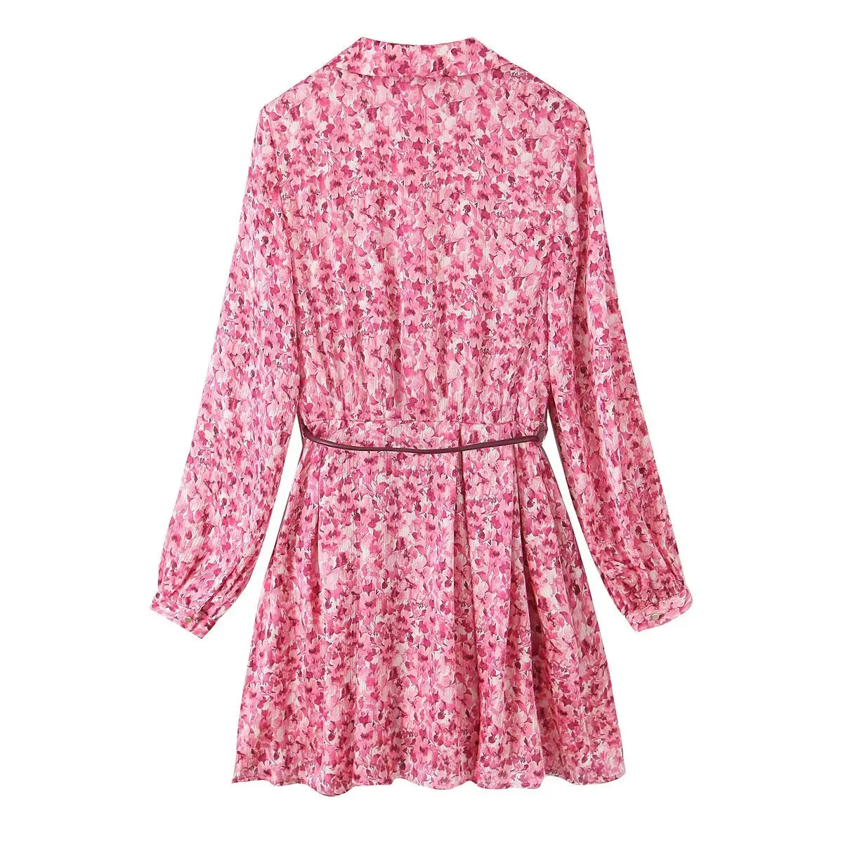 Traf & feminino 2025 primavera nova moda vento preguiçoso cinto fino impresso vestido chique v coringa botão manga longa mini saia vestidos mujer